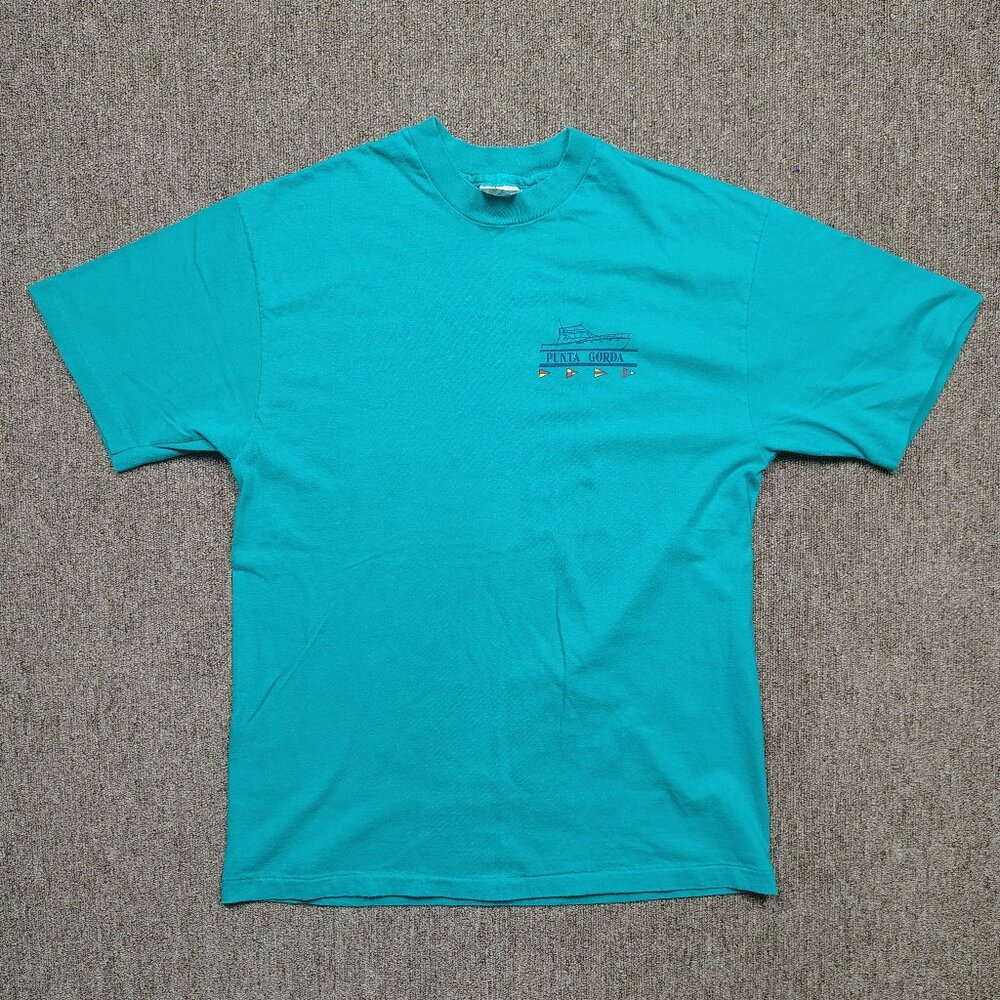 Vintage PUNTA GORDA T-Shirt Men's Large Teal Yacht Graphic Single Stitch Cotton